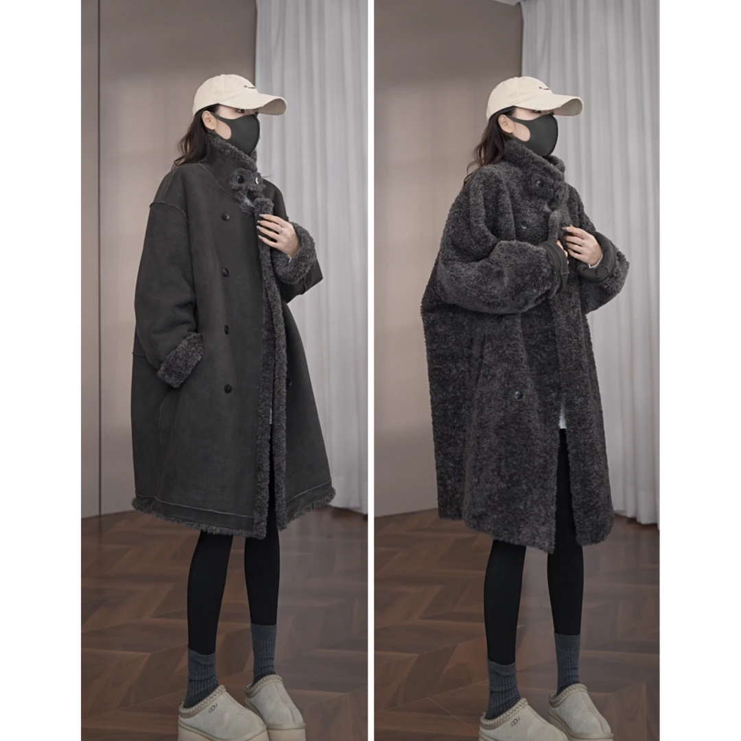 硕哥双面穿毛毛外套糕糕毛麂皮绒中长款皮毛一体大衣 26329