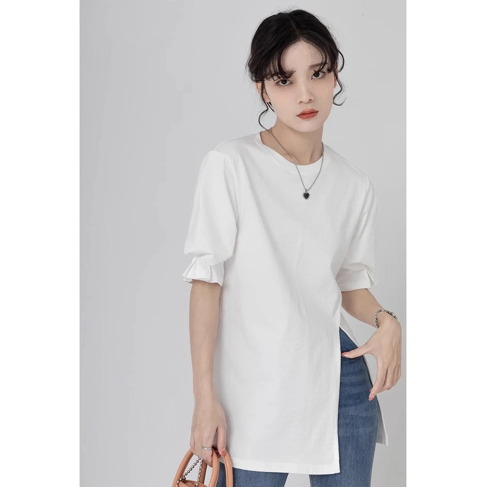 GUIER/桂儿白色泡泡袖t恤女宽松显瘦休闲百搭不对称开叉上衣6751