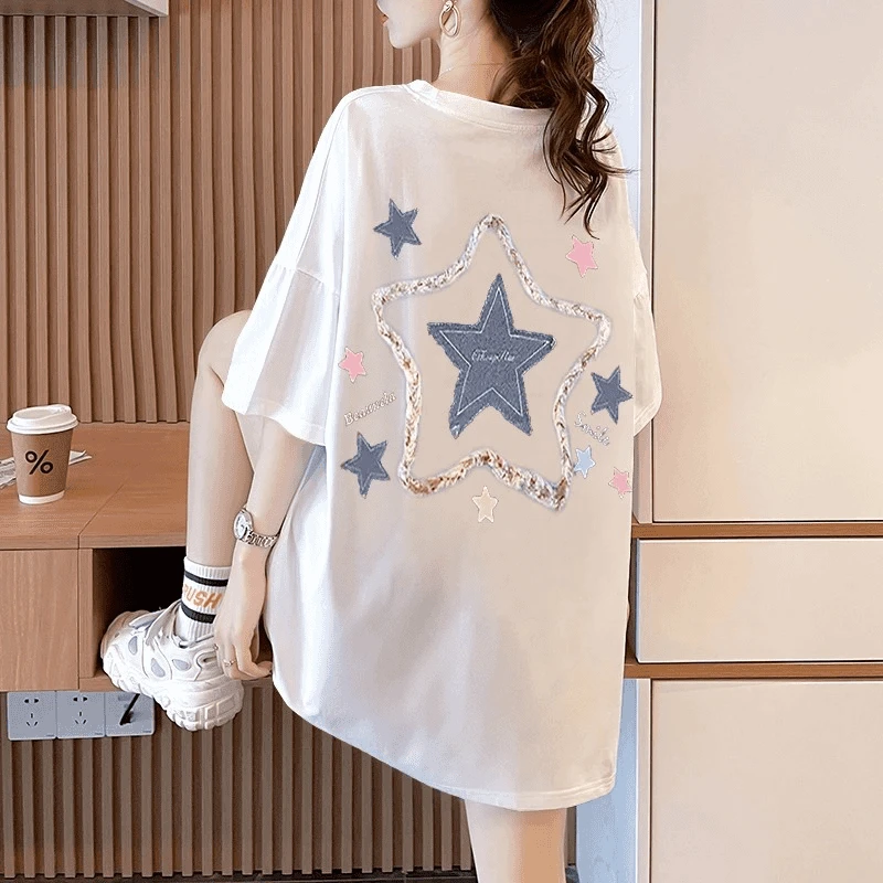 100%纯棉短袖t恤女ins潮2025夏季设计感中长款洋气宽松显瘦恤女