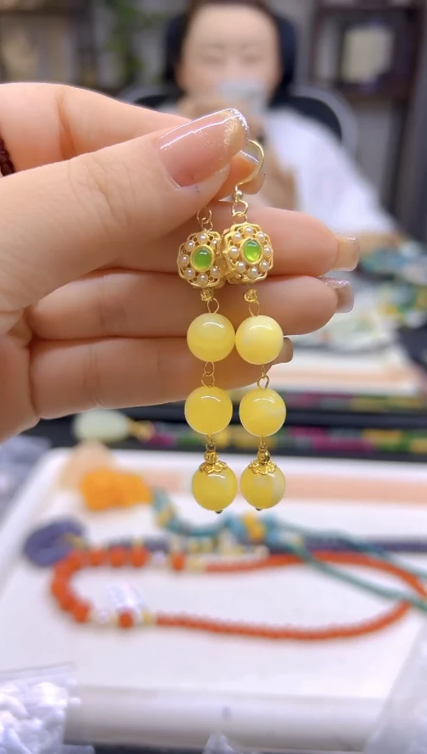 14K金镶嵌蜜蜡耳饰DIY款E223