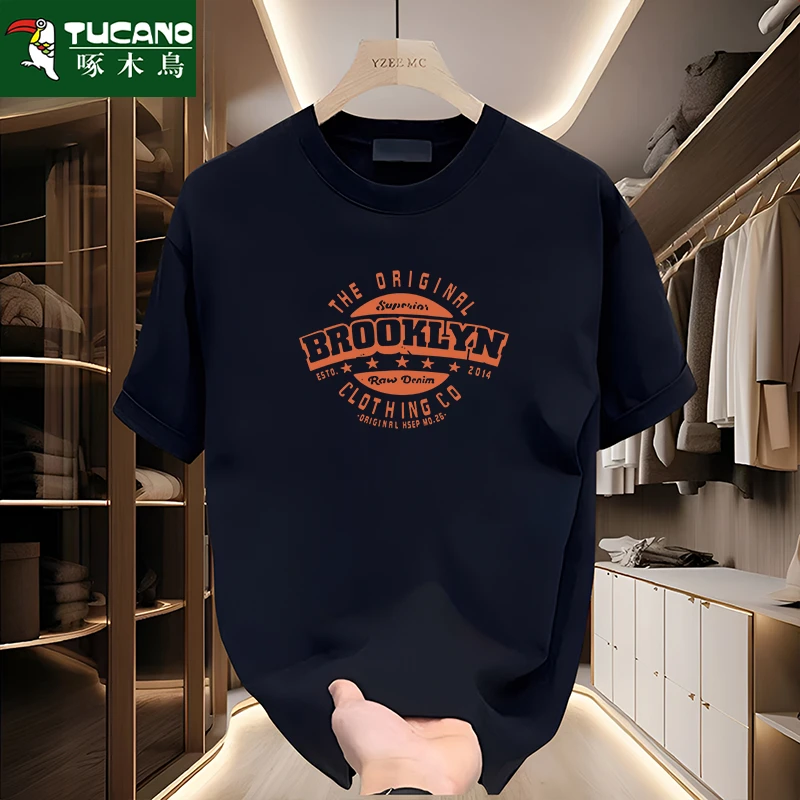 啄木鸟2025年夏季新款圆领纯棉半袖t恤重磅印花半袖宽松休闲上衣