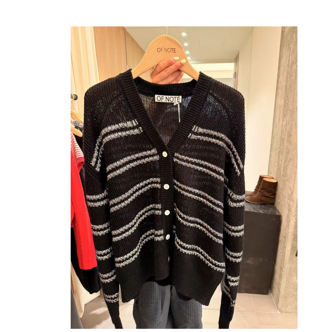 东大门of条纹V领长袖针织开衫/NO退换