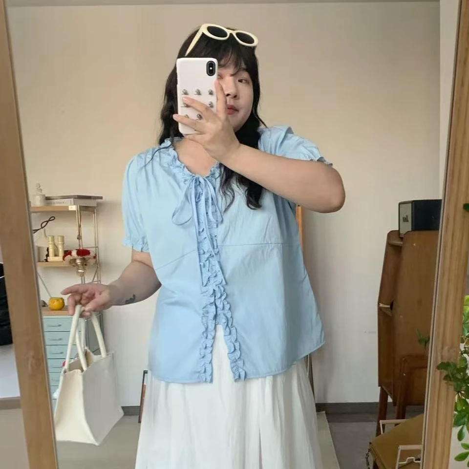 大码女装纯欲法式蝴蝶结甜美泡泡袖短款衬衣3163