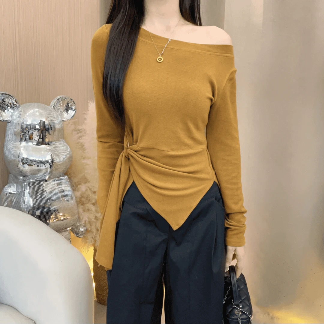 大码胖mm条纹不规则收腰开叉长袖T恤女秋装韩系显瘦小众百搭上衣