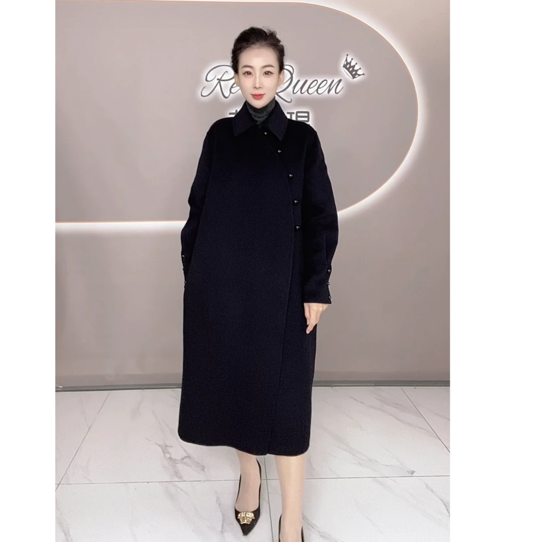 中国风斜扣羊毛中长款毛呢外套秋冬气质双面呢休闲女新中式大衣女