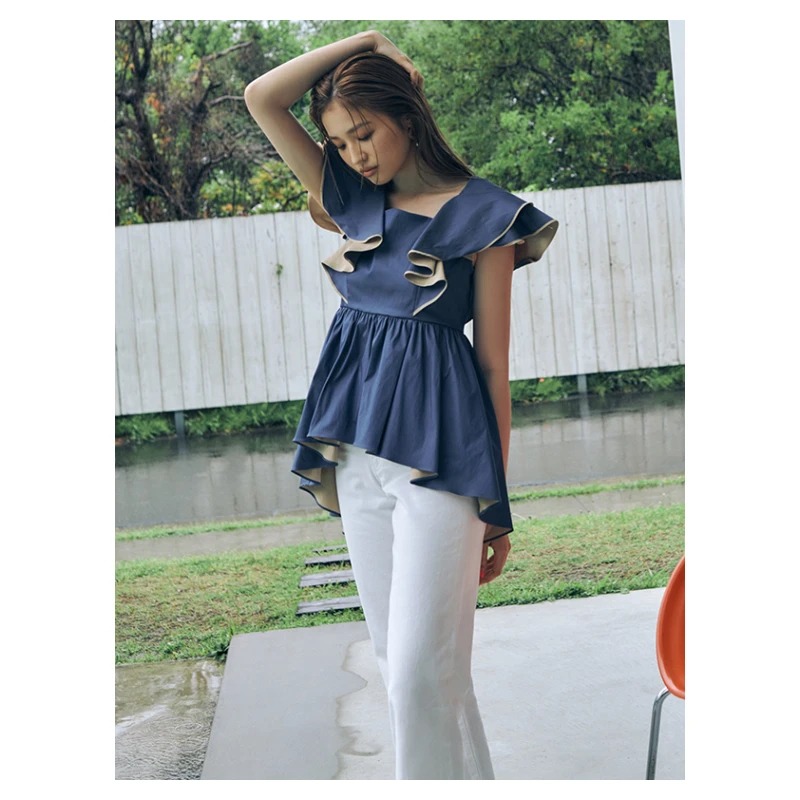 【DD外贸】 设计感上衣 E 夏季荷叶边百褶下摆气质衬衫显瘦时尚