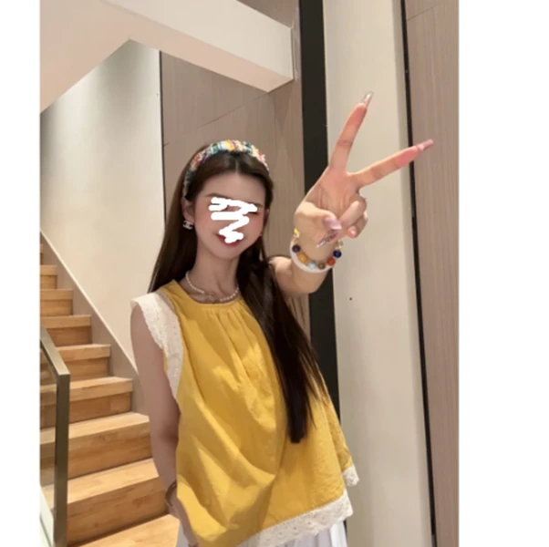 蕾丝花边拼接无袖衬衫女夏季设计感娃娃衫小个子气质甜美小衫上衣