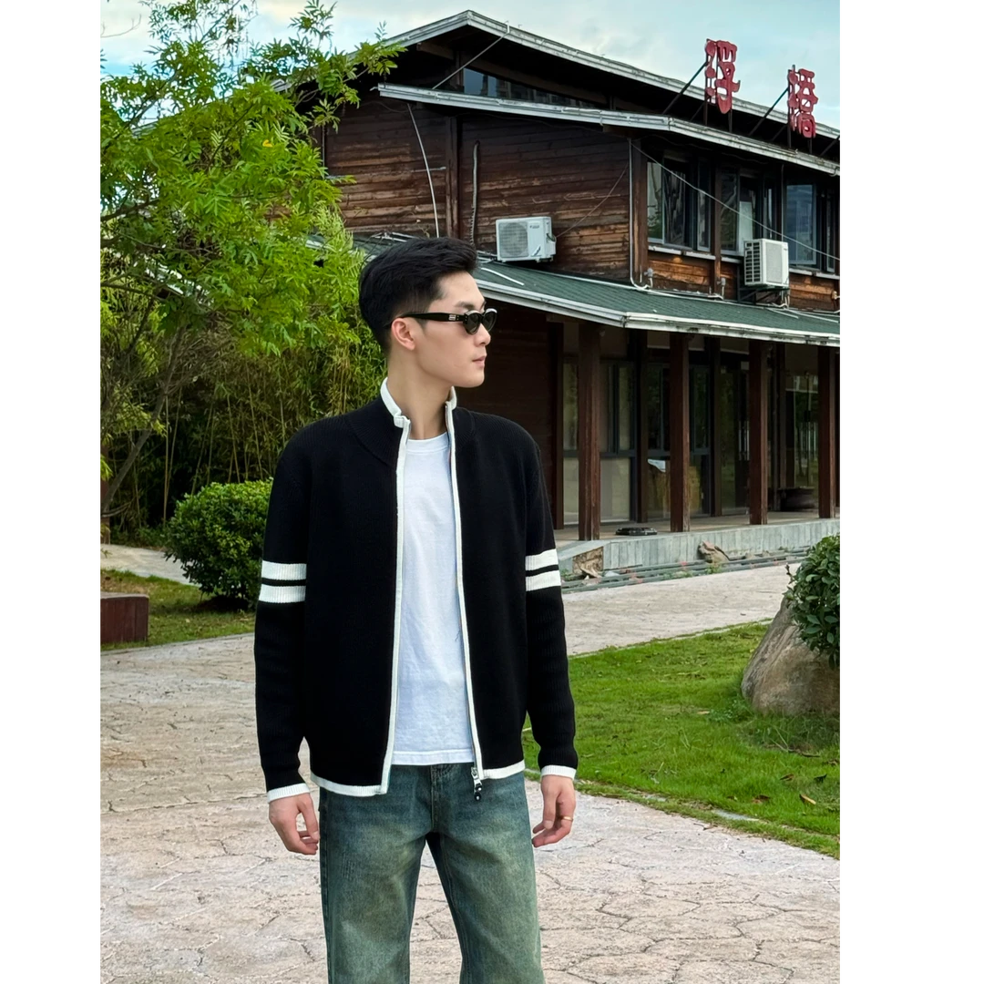 【花开男装】新款立领贝丝绒秋季针织条纹拉链毛衣针织衫运动男款