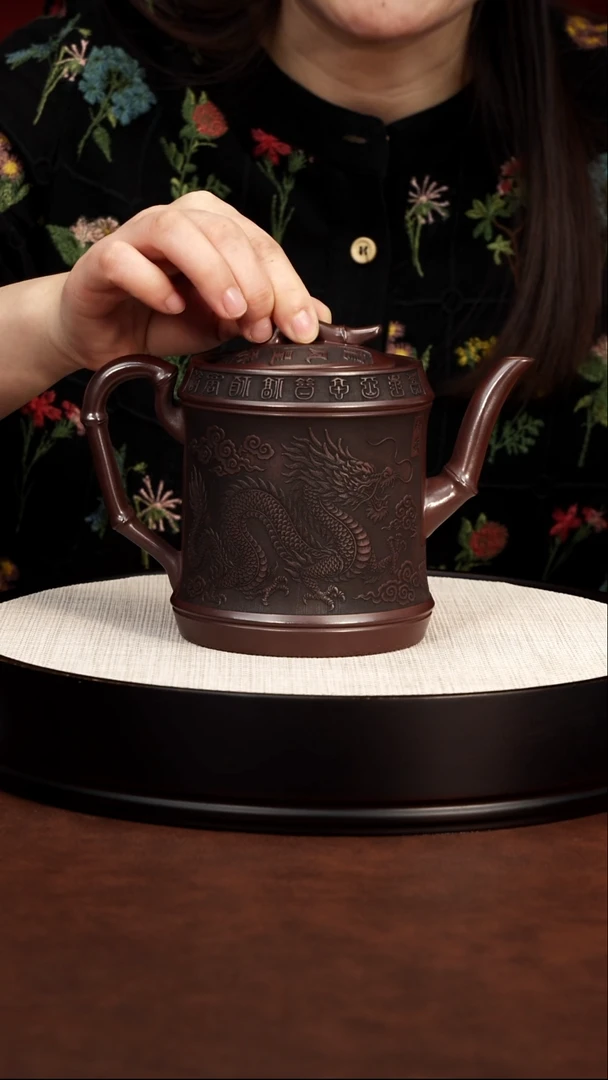 茶壶紫砂 龙凤高竹段壶 石红 高艳 768