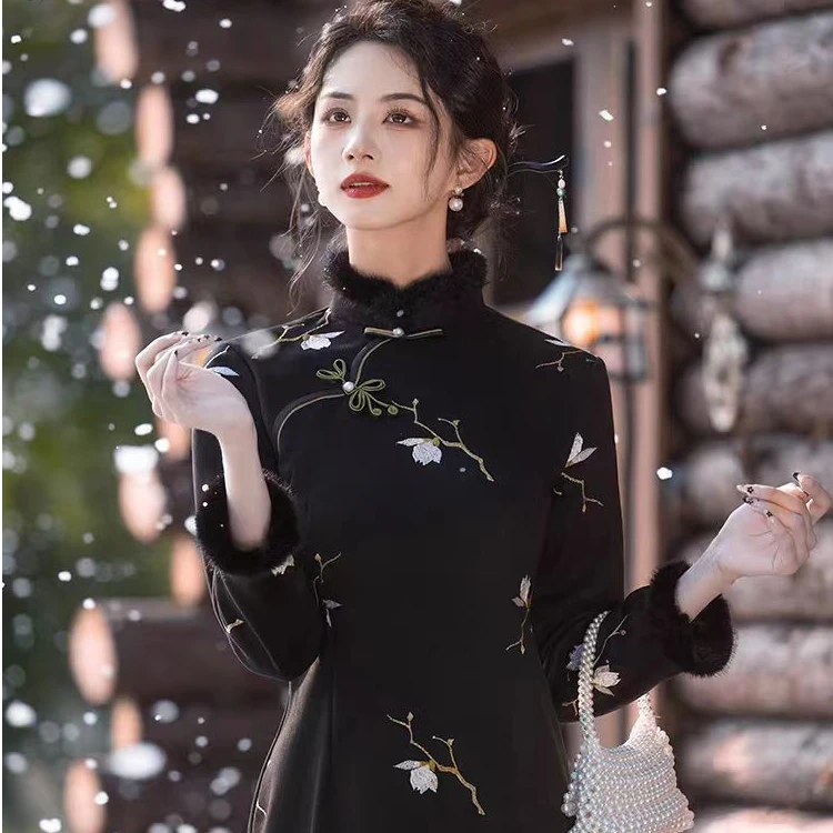 恬子梦 T622 冬季新款 暗夜桃花 裙长110 加绒加厚长袖旗袍