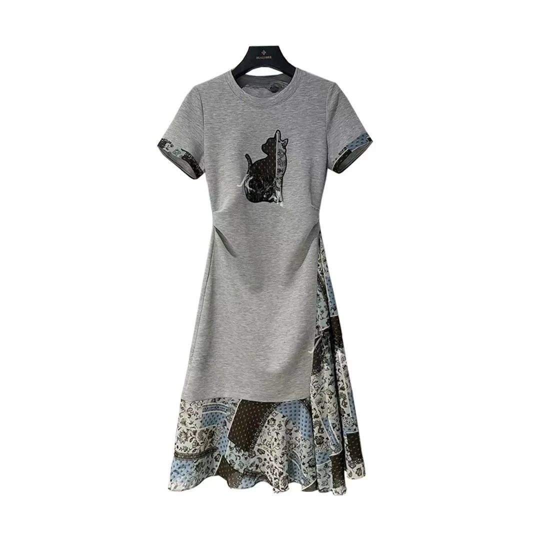 【猫影拼贴】韩版女装轻奢小猫修身夏季拼接短袖连衣裙