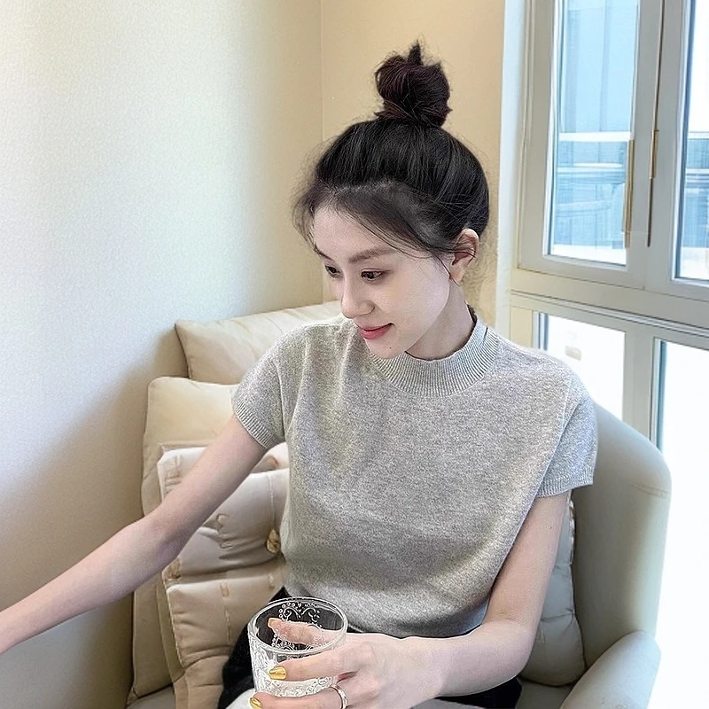 韩系半高领薄款短袖t恤针织衫女夏季新款高级感港风短款正肩上衣