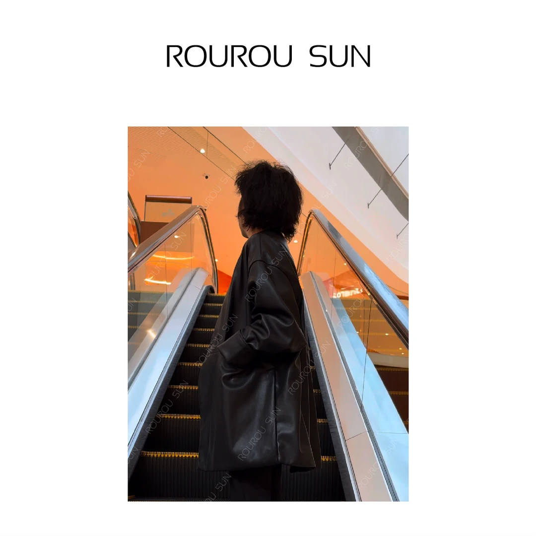 21028高级感双扣V领皮衣外套女设计感廓形百搭减龄上衣