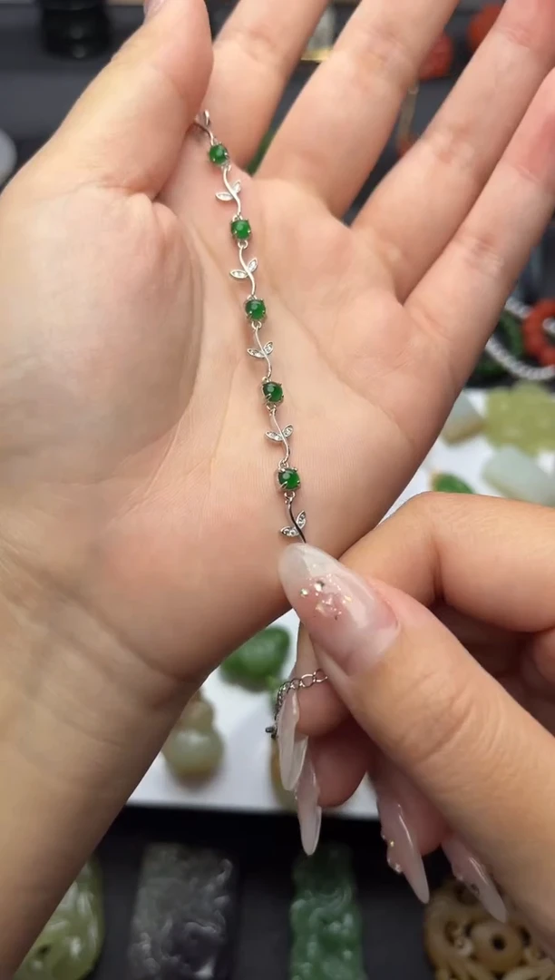 银S925镶嵌手链翡翠小花