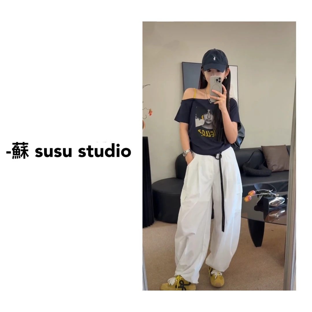 印花露肩短袖t恤女2025新款爆款夏季短款时尚洋气斜肩上衣351