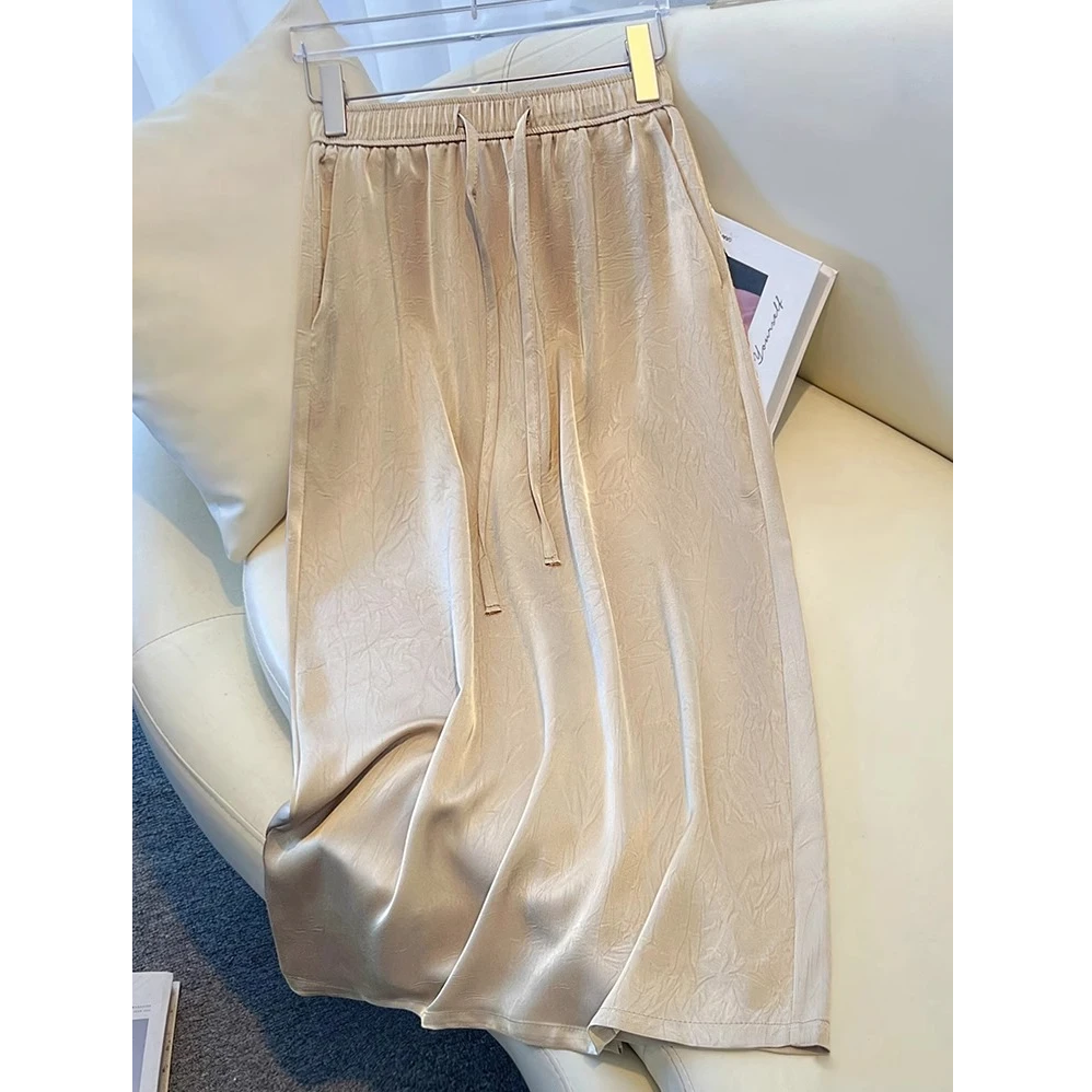 拉夏贝尔夏季气质中长款a字包臀裙2025新款高腰醋酸缎面半身裙女