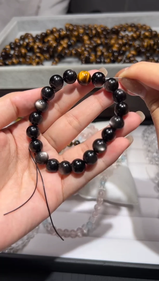 未镶嵌黑曜岩手链一**洗银曜石10mm手串diy