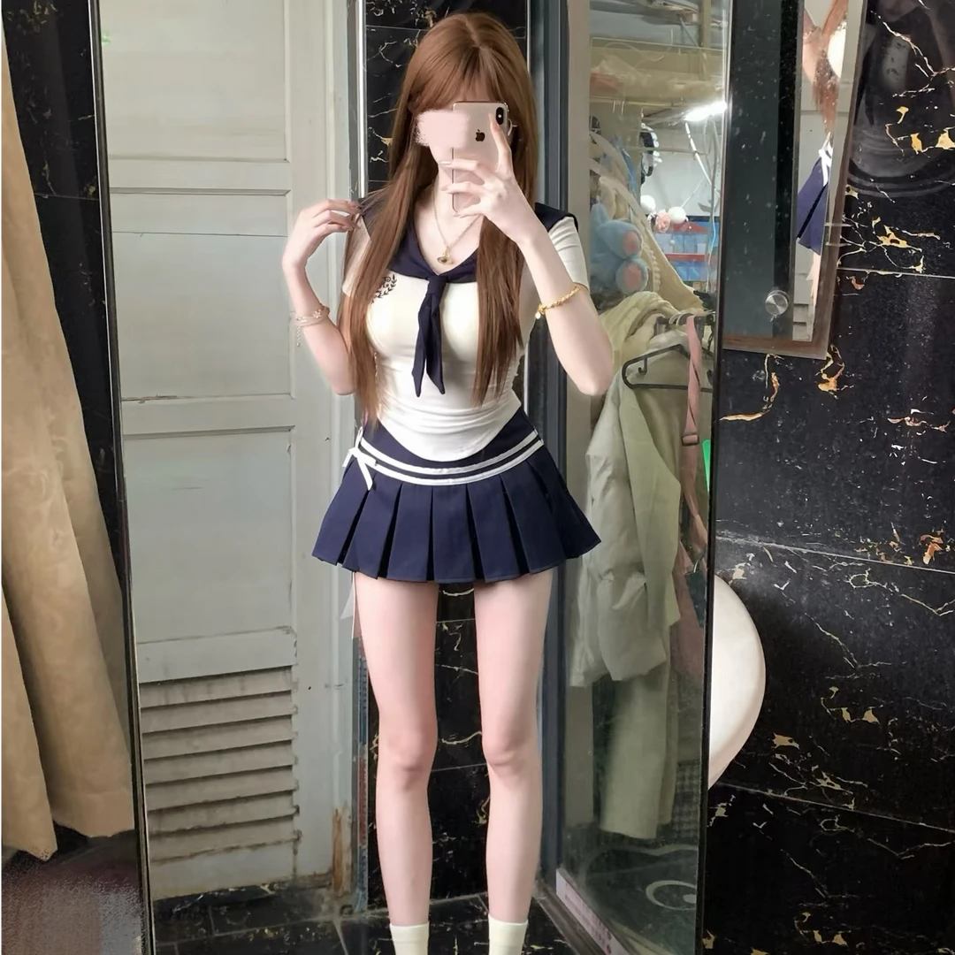 学院风JK制服套装女夏季海军领衬衫上衣辣妹百褶半身短裙子两件套