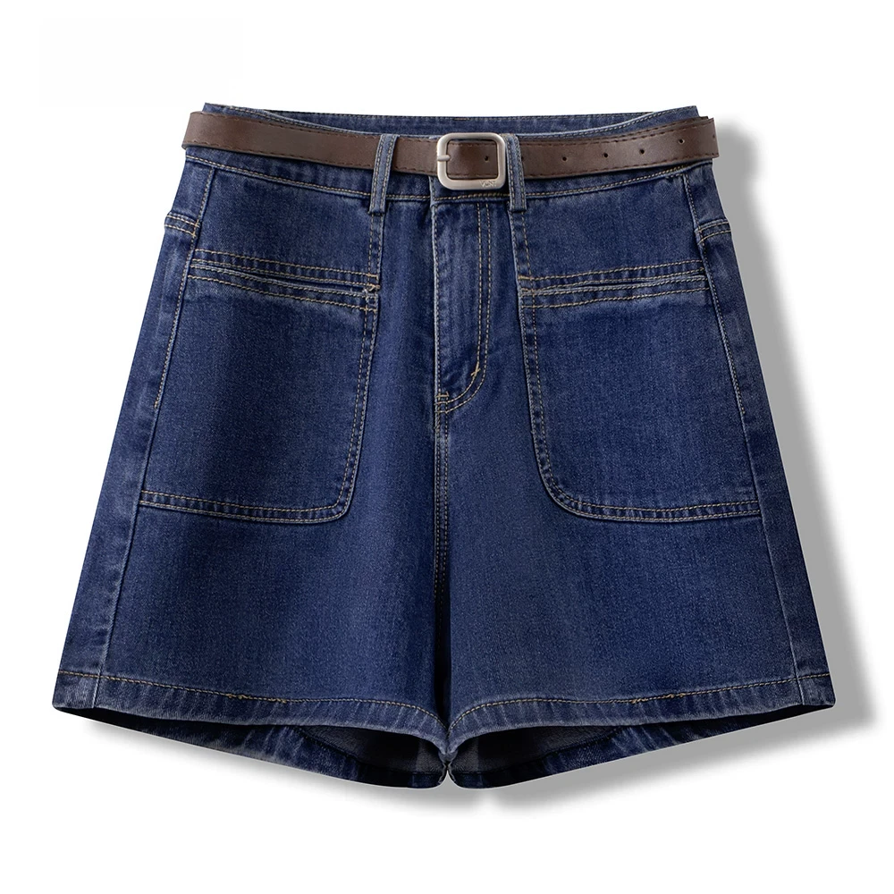 深蓝色牛仔短裤女夏季薄款2025新款时尚高腰显瘦a字四分阔腿热裤