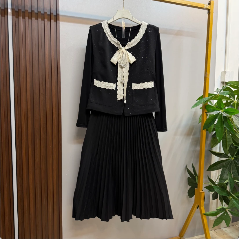 早秋新款时尚洋气优雅小香风马甲十百褶连衣裙两件套套装
