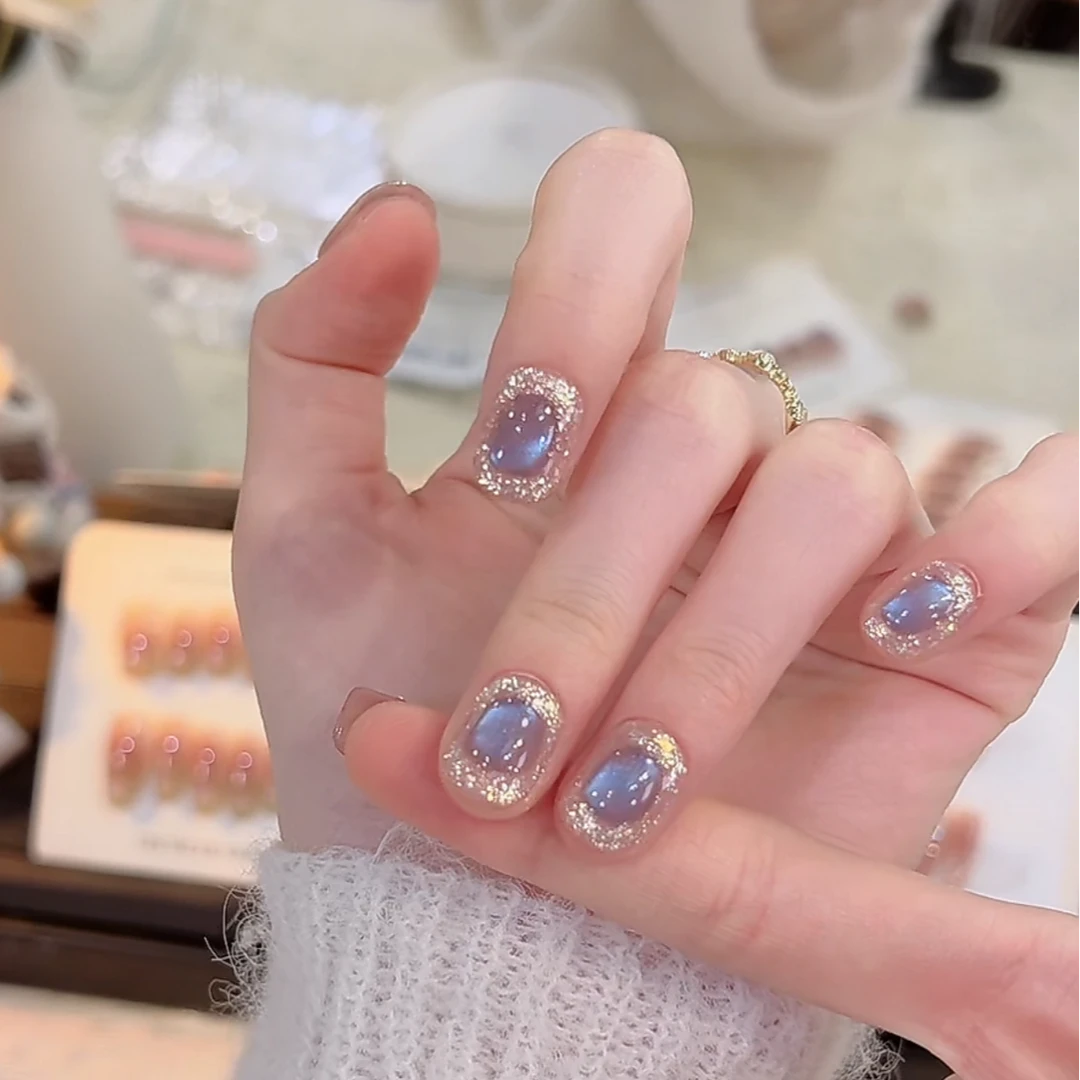 蓝宝石-纯手工新款穿戴甲短款蓝色猫眼法师鎏金轻奢美甲网红指甲