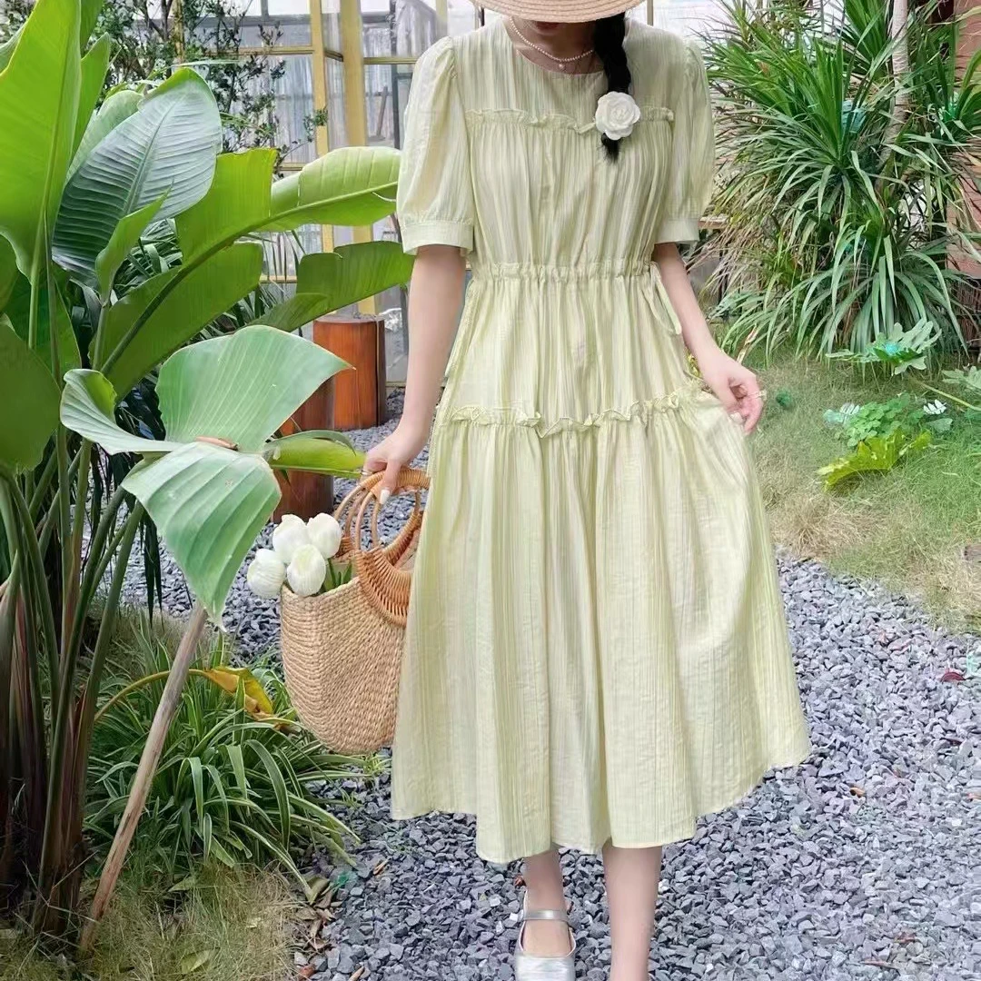 夏季韩版圆领绿色常规夏装连衣裙甜美褶皱宽松长裙气质中长款法式