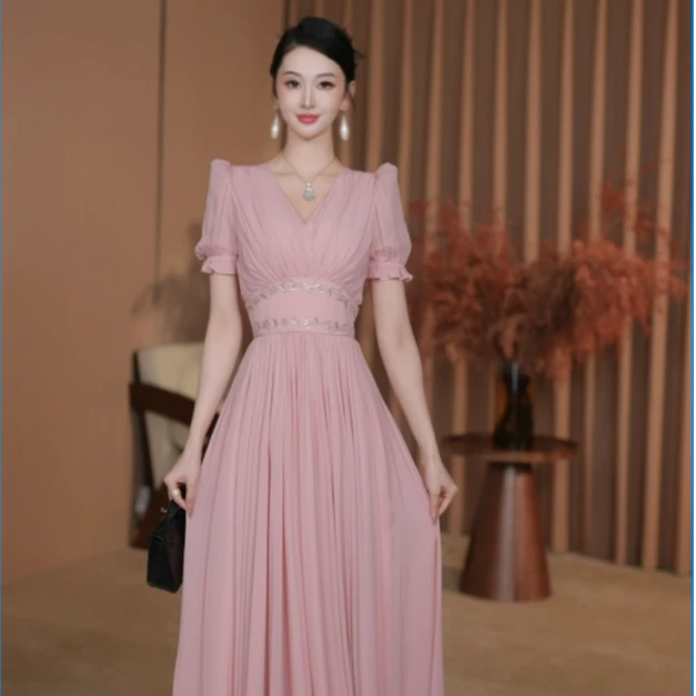 【东东定制】连衣裙小个子长裙裙子纯色长款显瘦夏季气质短袖70786