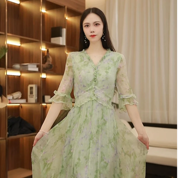 ZHUOXI/着西`萱桑蚕丝刺绣短袖连衣裙白色夏季698008