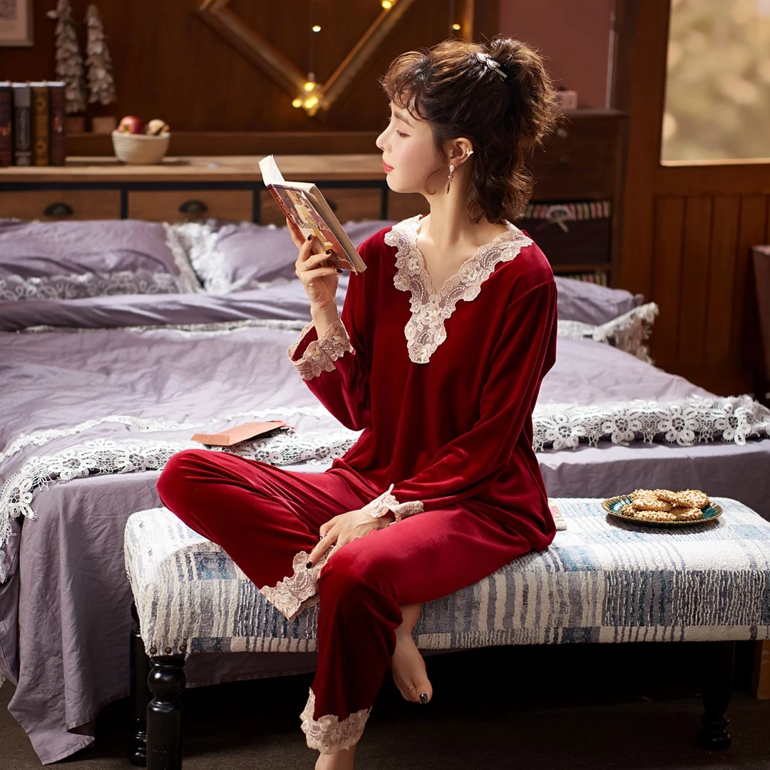 上海故事女士冬季睡衣家居服套装秋冬季红色春秋季金丝绒加厚蕾丝