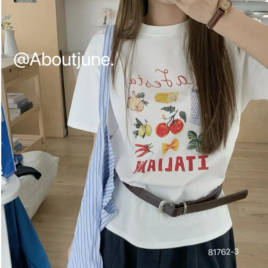 【About June】复古港风短袖印花速干常规款白色宽松夏季设计感T恤