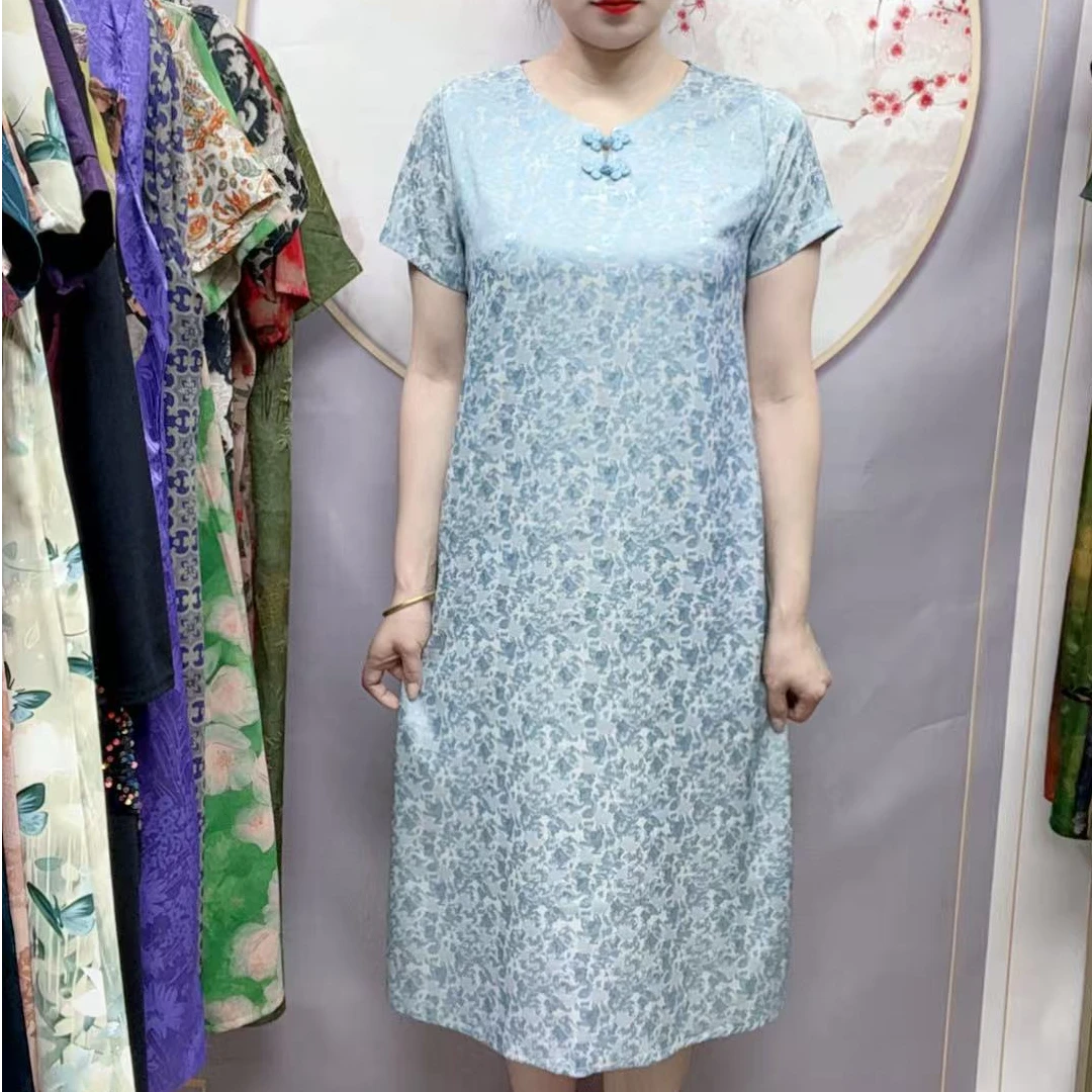【浅蓝旗袍】2025夏季妈妈装气质短袖连衣裙洋气中老年女装宽松长裙