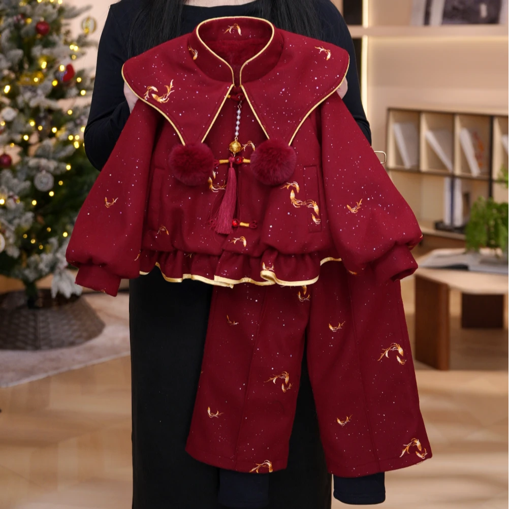 冬季女童加厚韩版毛领外套上衣百褶裙套装DC40854