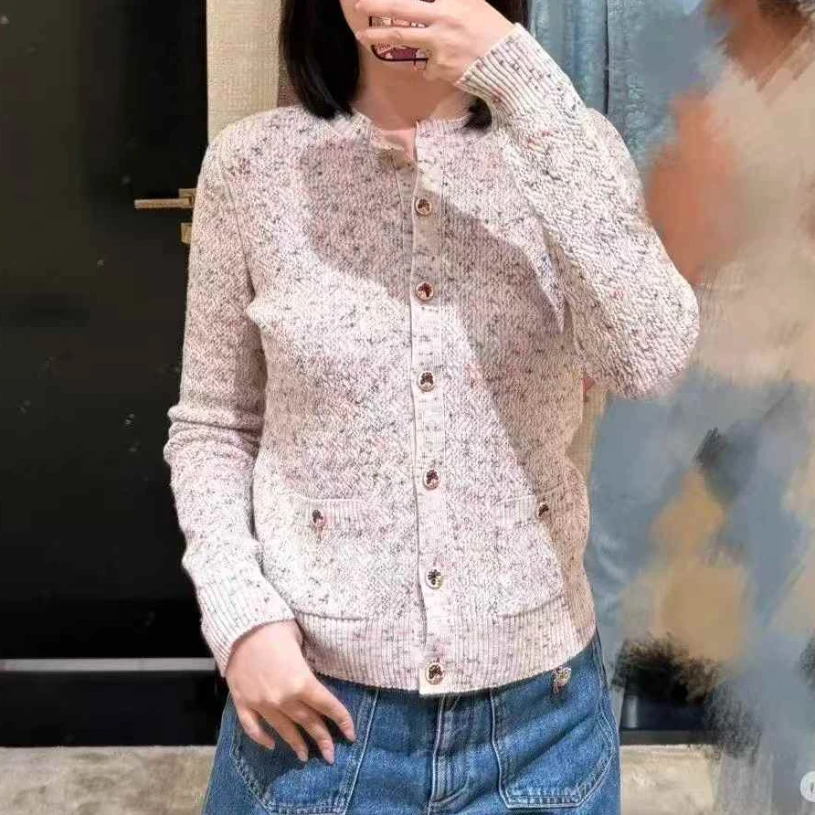 99新 Chanel/香奈儿 36码25A燕麦色混色圆领长袖针织开衫