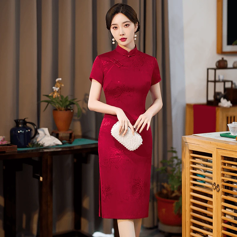 高档红色送考旗袍改良连衣裙2024夏季新款双层提花喜妈妈修身显瘦