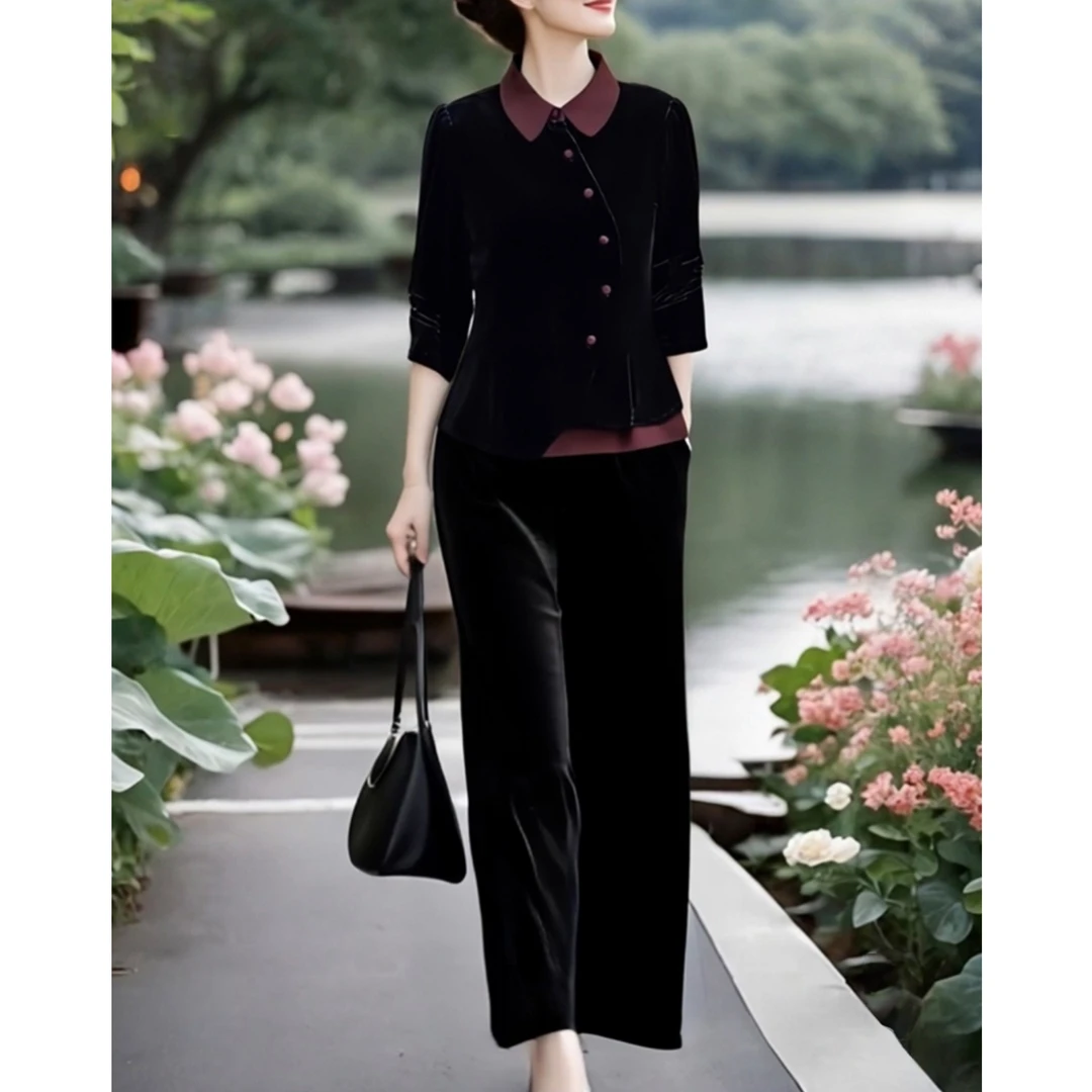 外致轻熟优雅新款洋气高贵撞色拼接金丝绒上衣+松紧腰裤子两件套