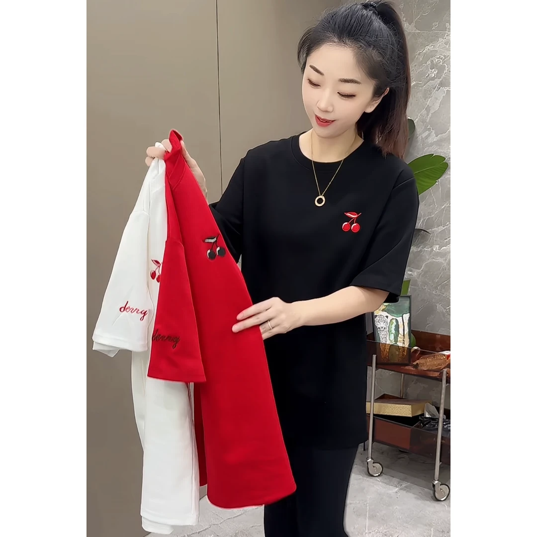 绣花短袖t恤女秋冬季新款韩版ins圆领宽松遮肉中长款休闲半袖上衣