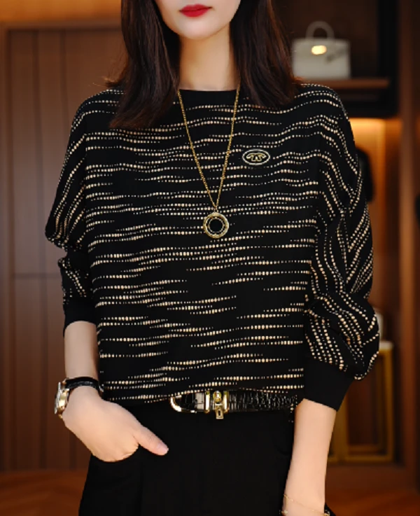 国颐 新款条纹百搭轻奢气质高级感时尚长袖V24H416