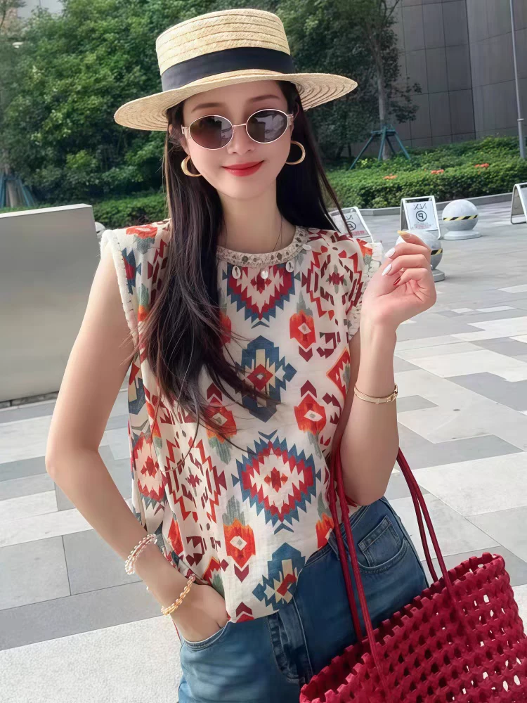 民族风印花无袖背心衬衫女2025新款夏季时髦外穿彩色马甲雪纺上衣