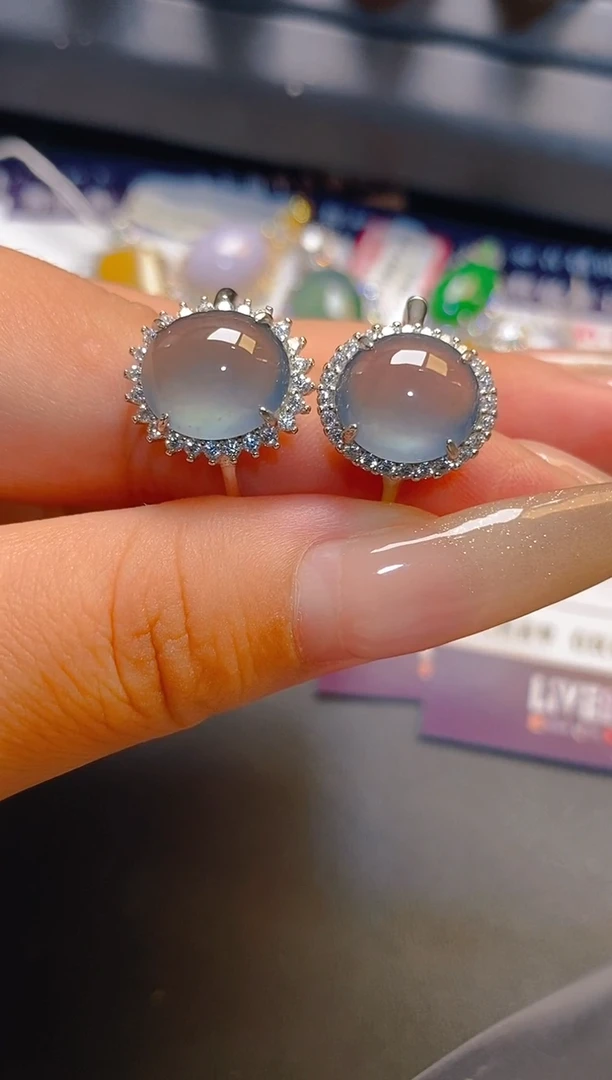 翡翠银S925镶嵌耳饰天然