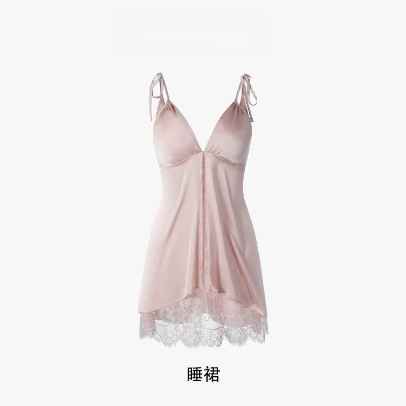 夫人【小奶猫】性感睡衣薄款纯欲风露背深V加胸垫蕾丝吊带睡裙纯色
