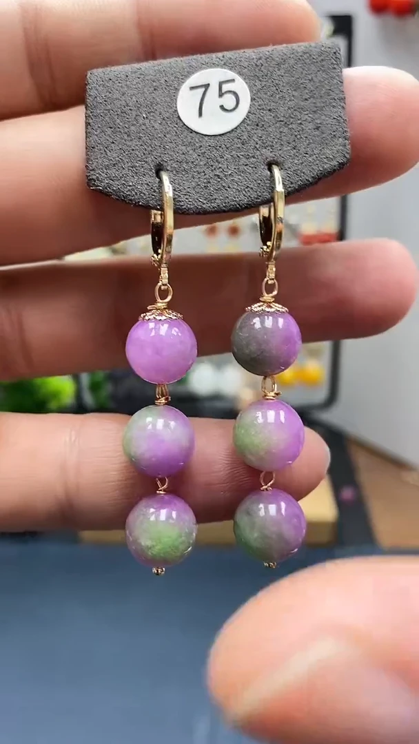 翡翠银S925镀金镶嵌耳饰尺寸10mm连珠耳扣00