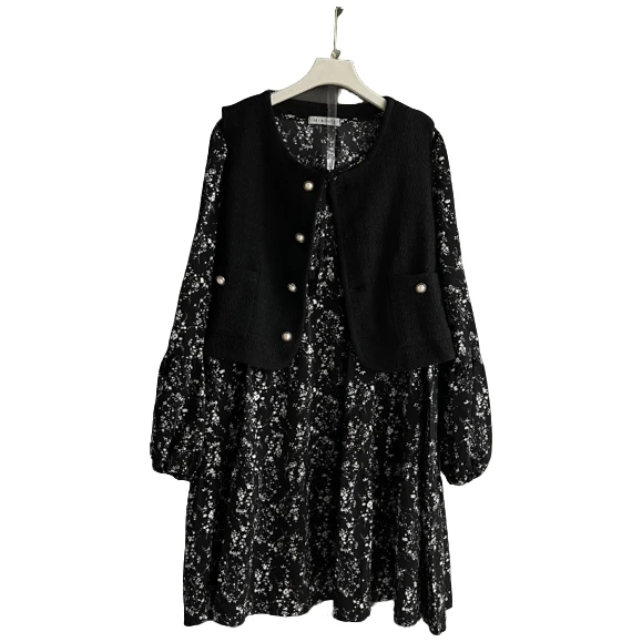 早秋新款大码女装时尚宽松韩版遮肉连衣裙马甲套装