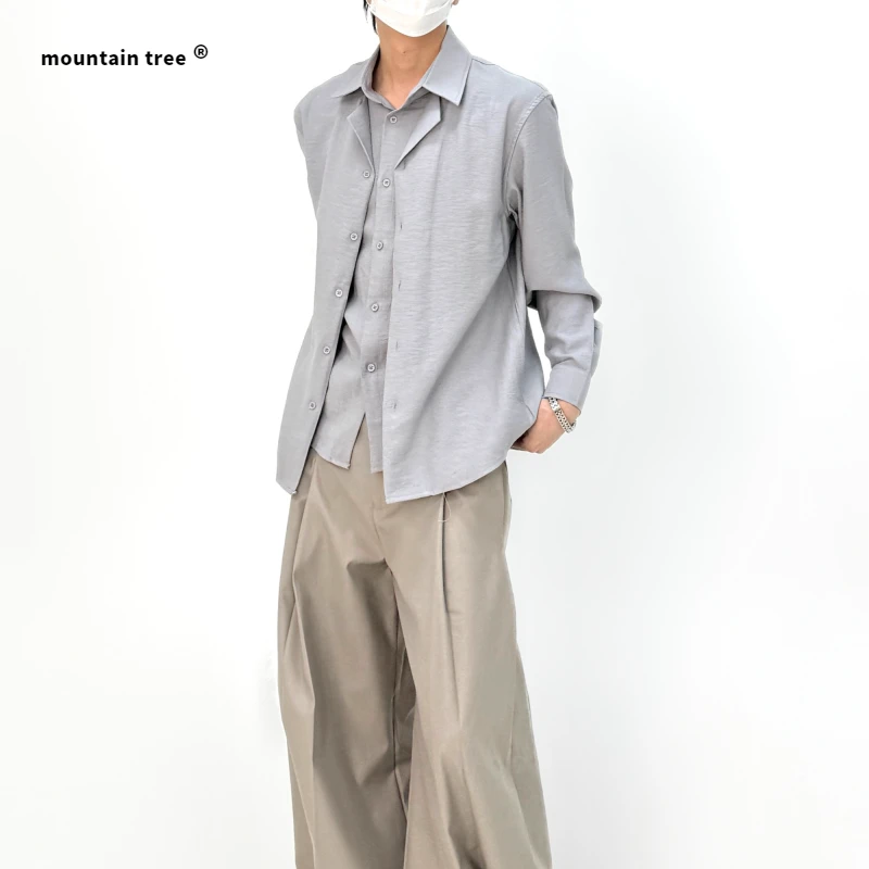 mountain tree韩系简约老钱风真两件纯色亚麻慵懒风长袖男衬衫