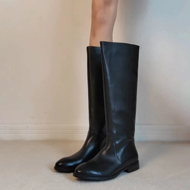 牛皮版~粗腿显瘦简约骑士靴女复古平底黑色软皮气质不过膝长筒靴