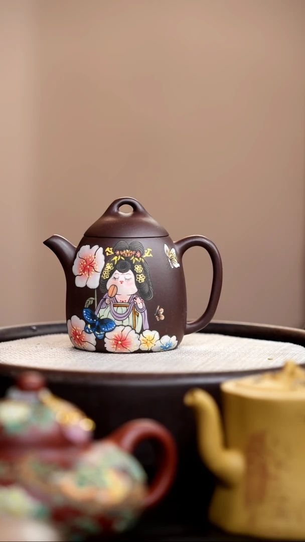 茶壶紫砂紫泥秦权泥绘唐美
