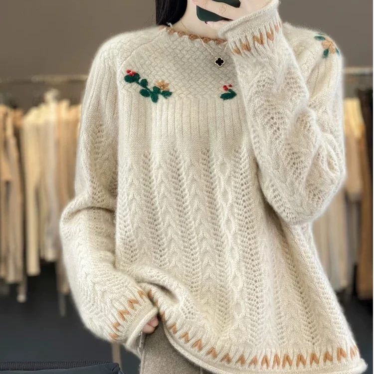 1008新款全羊毛衫女圆领镂空钩花毛衣宽松慵懒风上衣