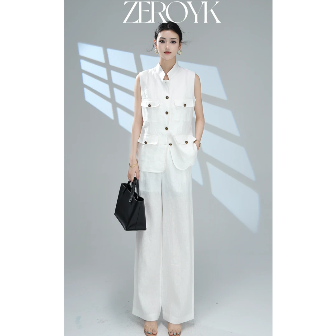 ZEROYK深圳南油原创100亚麻套装小立领无袖上衣阔腿长裤两件套