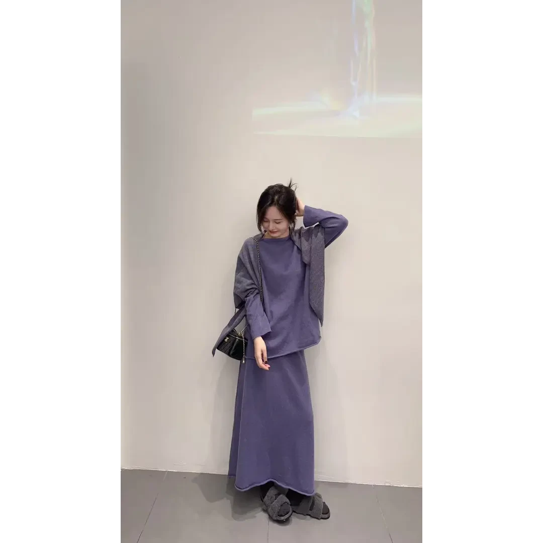 2025早秋新款韩系气质名媛小香风紫色显瘦针织衫半身裙披肩三件套
