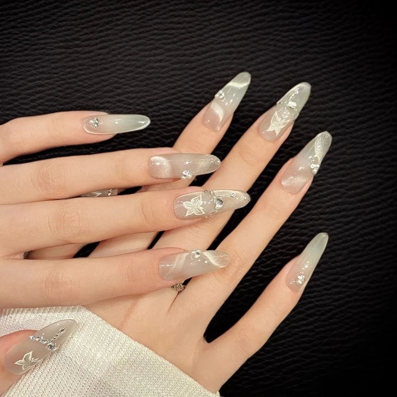 【霓虹深渊】纯手工穿戴甲-裸色变光猫眼未来感美甲贴片新款