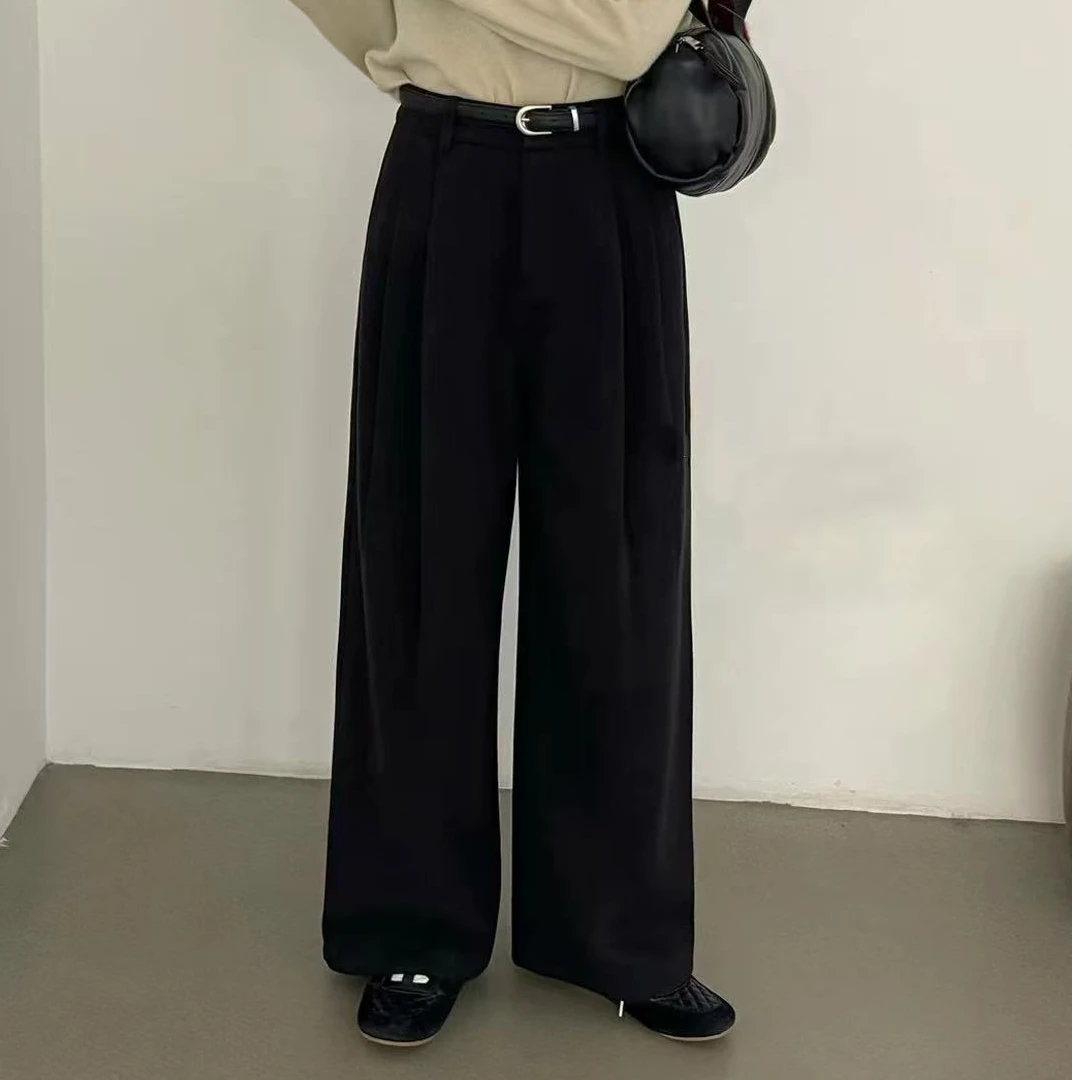 秋冬款毛呢阔腿西装裤女高腰显瘦长裤宽松直筒裤子配腰带